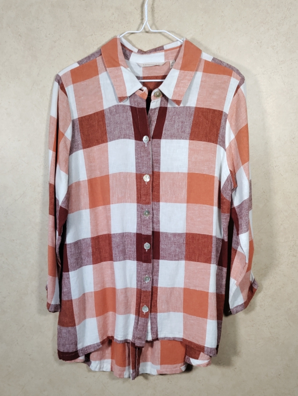 J156 Soft Surroundings Rust & White Plaid Button Up Shirt W/ Back Detail L